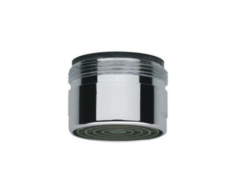 Chrome flow control aerator with threaded top and circular spray pattern holes on base.