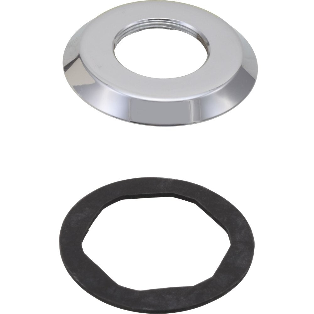 Chrome-finish circular escutcheon with center opening, shown with black rubber gasket component.