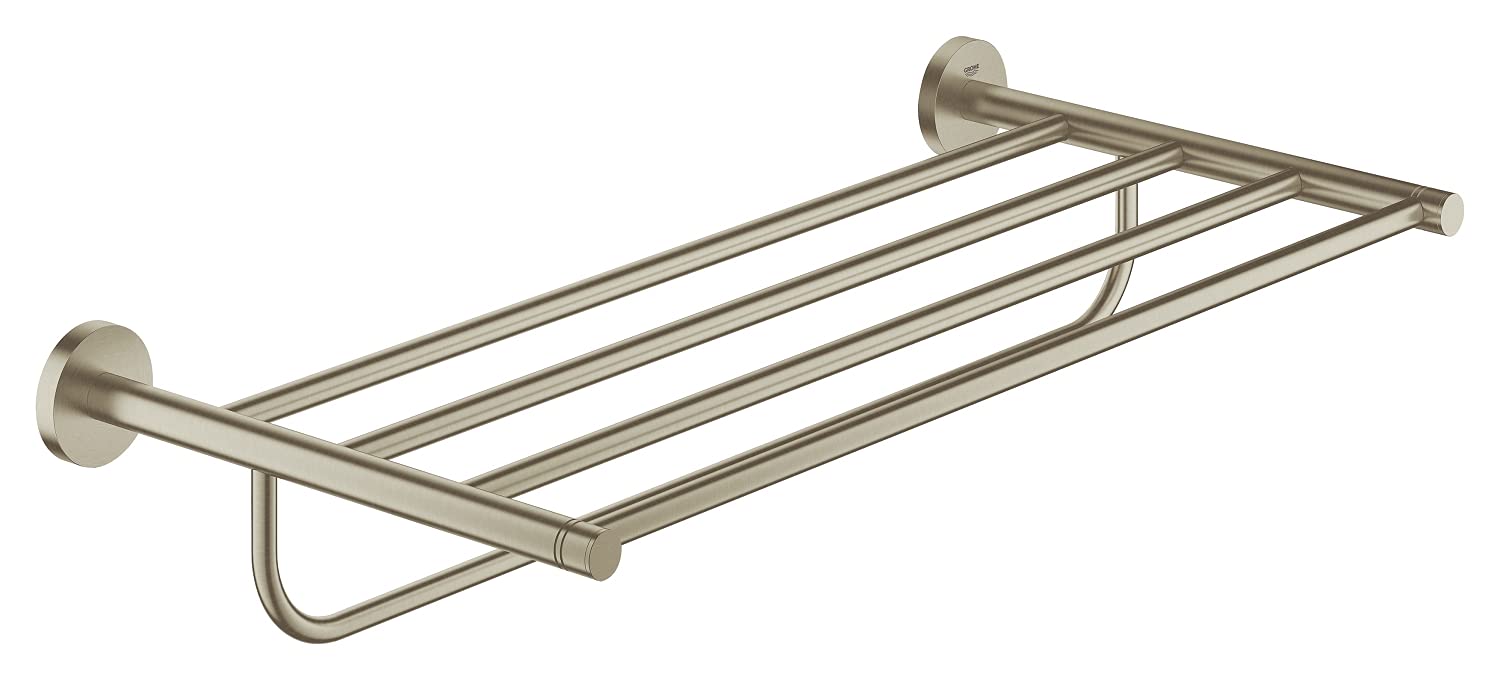 Brushed nickel multi towel bar with four horizontal rails and wall-mounted circular end brackets.