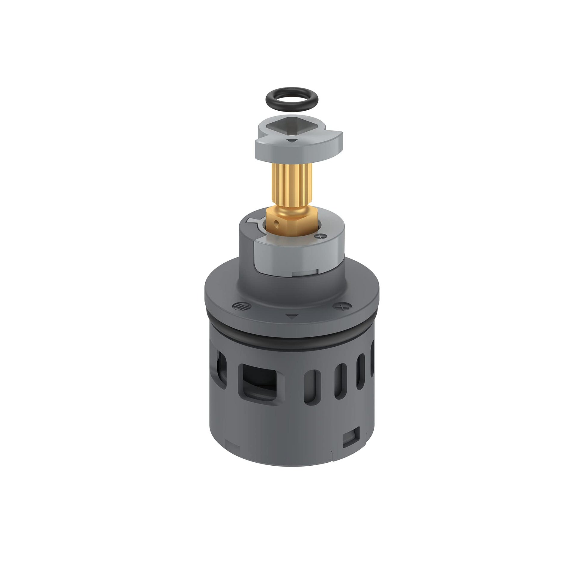 Grohe diverter kit with gray cylindrical body, brass stem, and black rubber seal component, shown in exploded view.