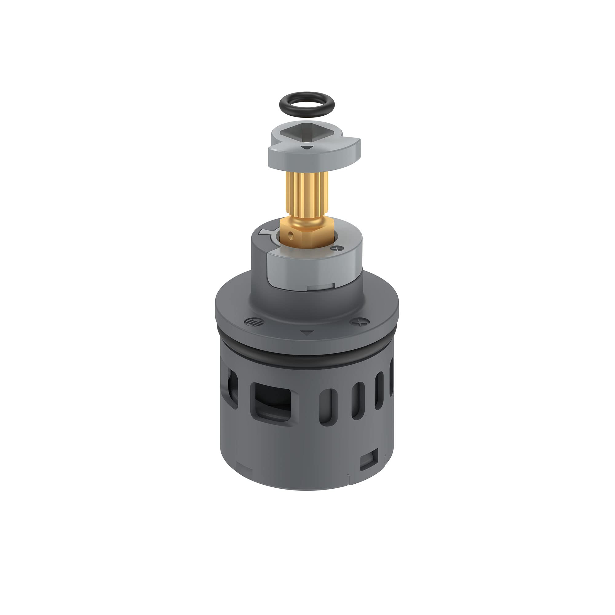 Grohe diverter kit with gray cylindrical body, brass stem, and black rubber seal component, shown in exploded view.