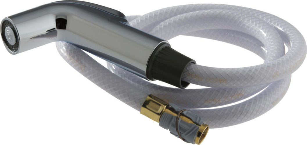 Chrome side spray head with clear flexible hose and brass connector fitting attached.