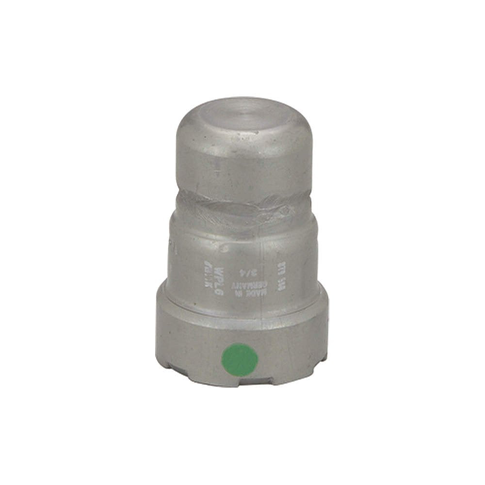 Silver metallic press end cap with green indicator dot and embossed markings on cylindrical body.
