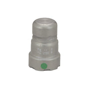 Silver metallic press end cap with green indicator dot and embossed markings on cylindrical body.