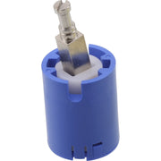 Chrome-finish Delta Nyla cartridge and adapter with blue cylindrical housing and metal valve stem.