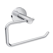 Chrome toilet paper holder with cylindrical mounting base and curved open loop for paper roll.