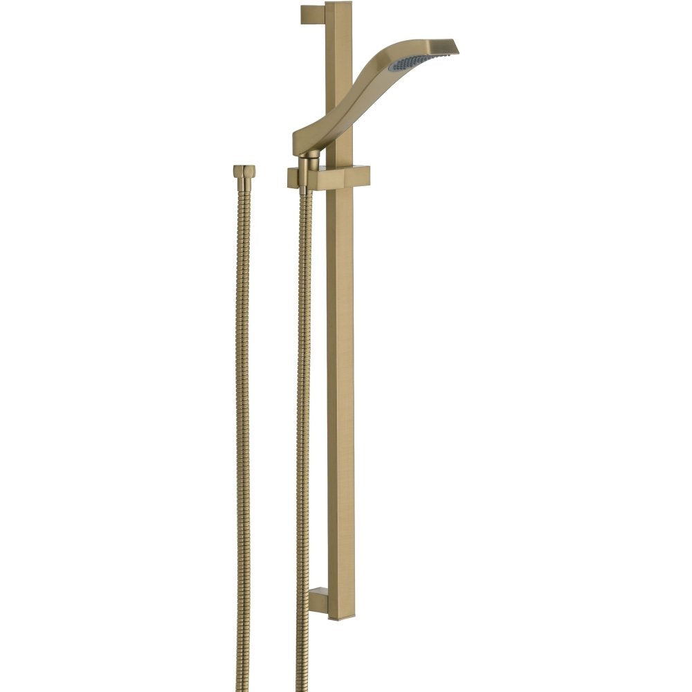 Brushed gold slide bar hand shower with curved wand, hose, and wall mount bracket.