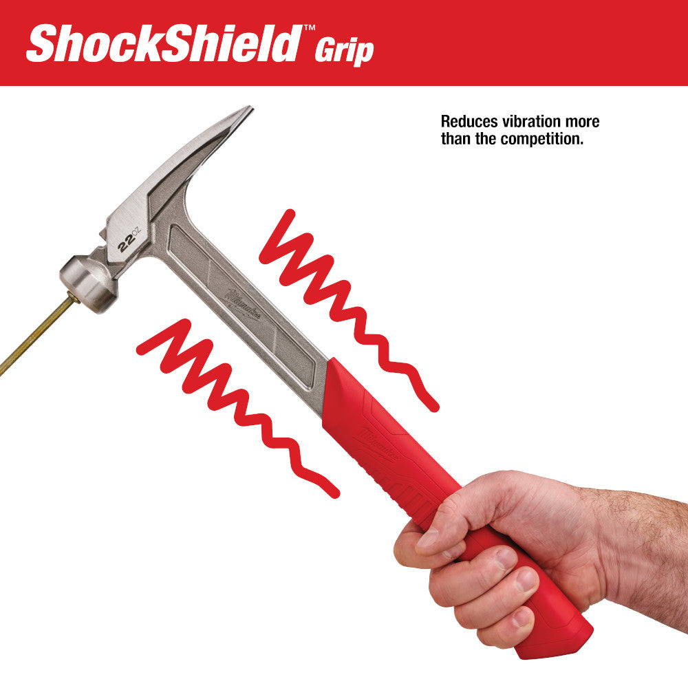 22 oz framing hammer with smooth face, red grip, and brass shaft held in hand.