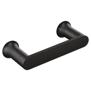 Black pivoting toilet paper holder with two cylindrical wall mounts and a horizontal bar.