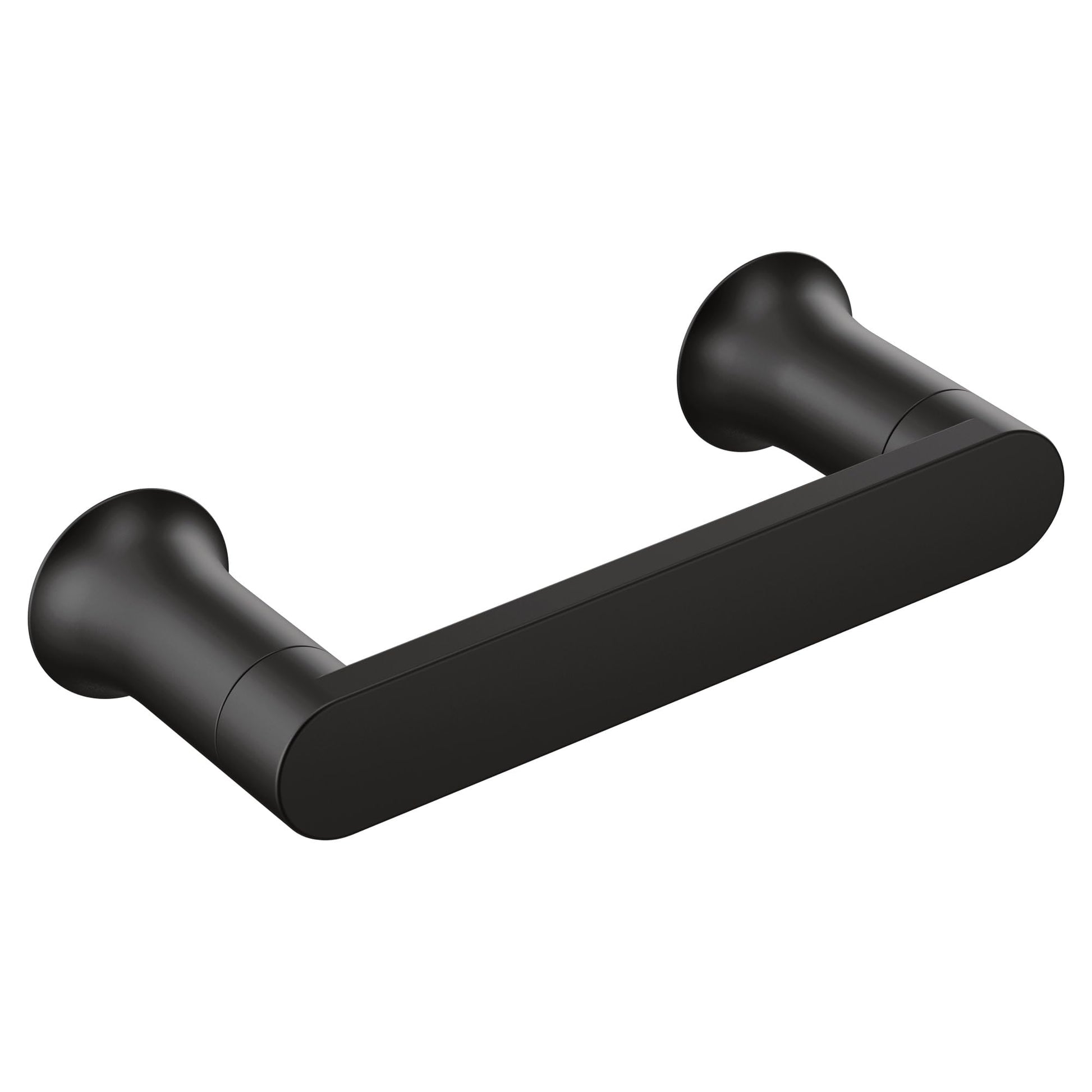 Black pivoting toilet paper holder with two cylindrical wall mounts and a horizontal bar.