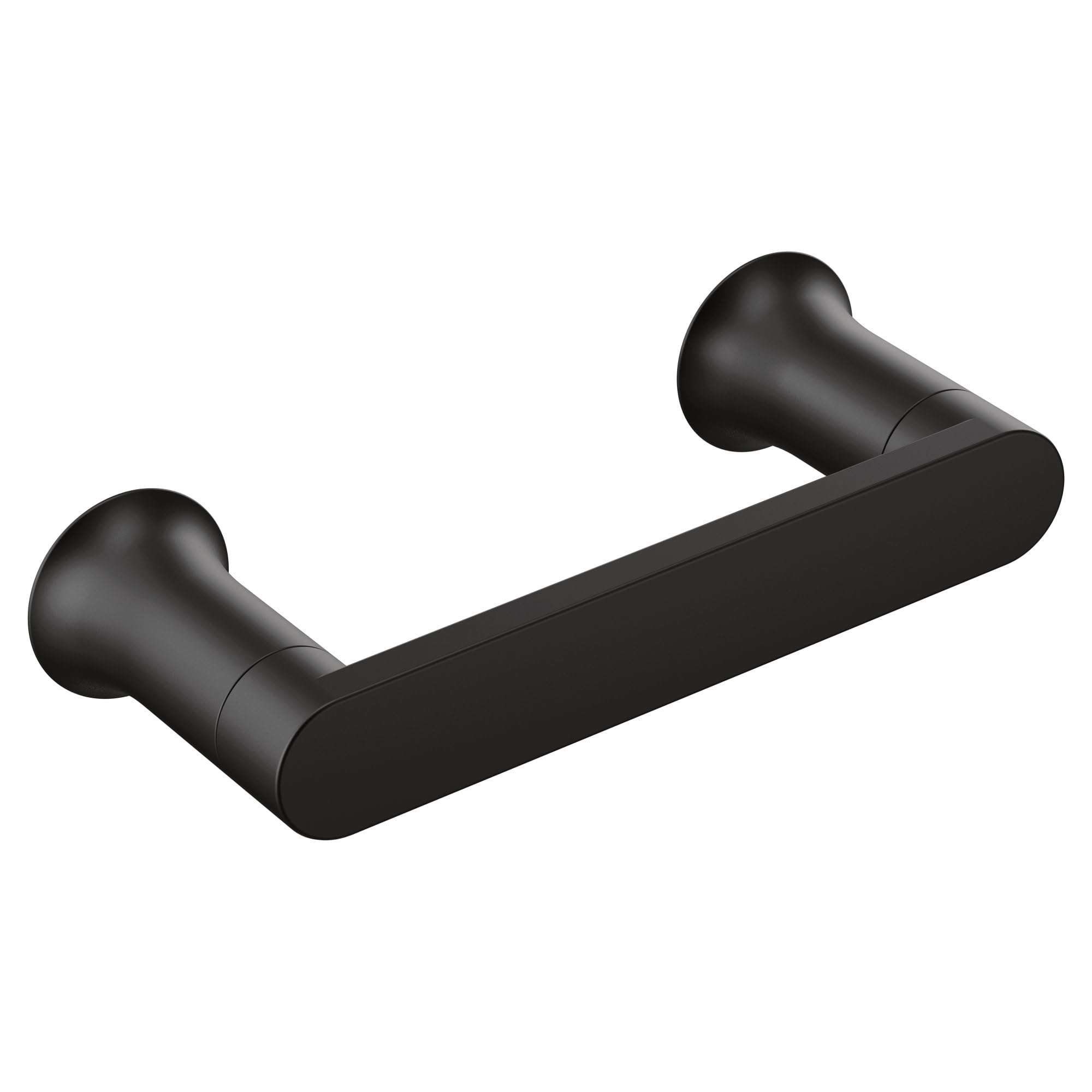 Black pivoting toilet paper holder with two cylindrical wall mounts and a horizontal bar.