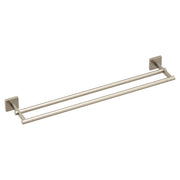 Brushed nickel double towel bar with two parallel cylindrical rails and square wall mounts.
