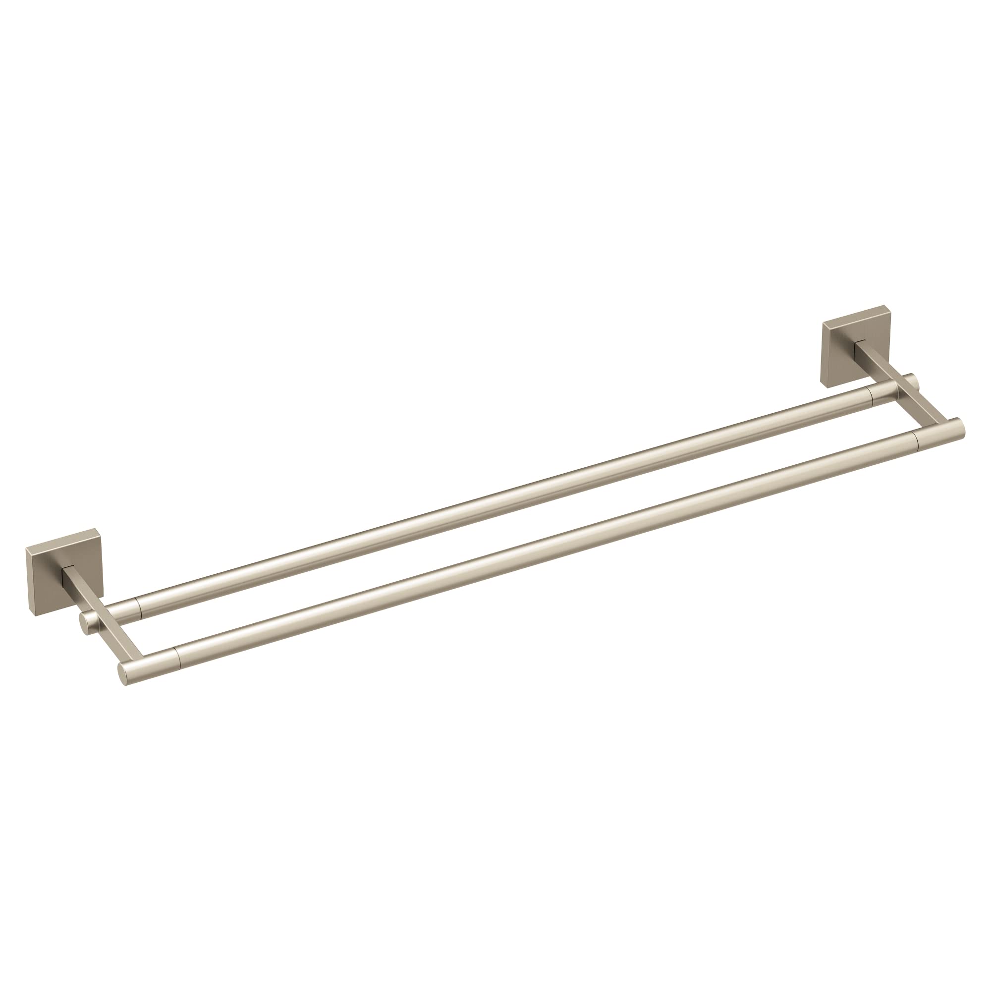 Brushed nickel double towel bar with two parallel cylindrical rails and square wall mounts.