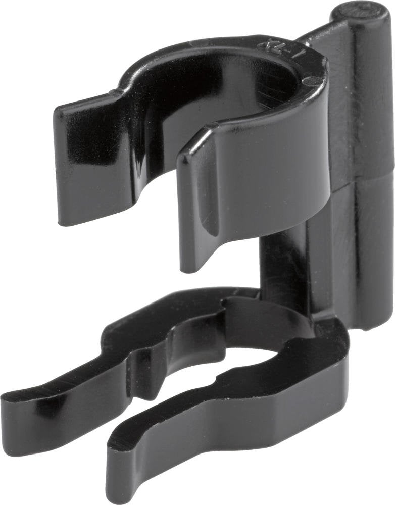 Black plastic quick-connect clip with mounting bracket and flexible grip arms for kitchen faucet attachment.