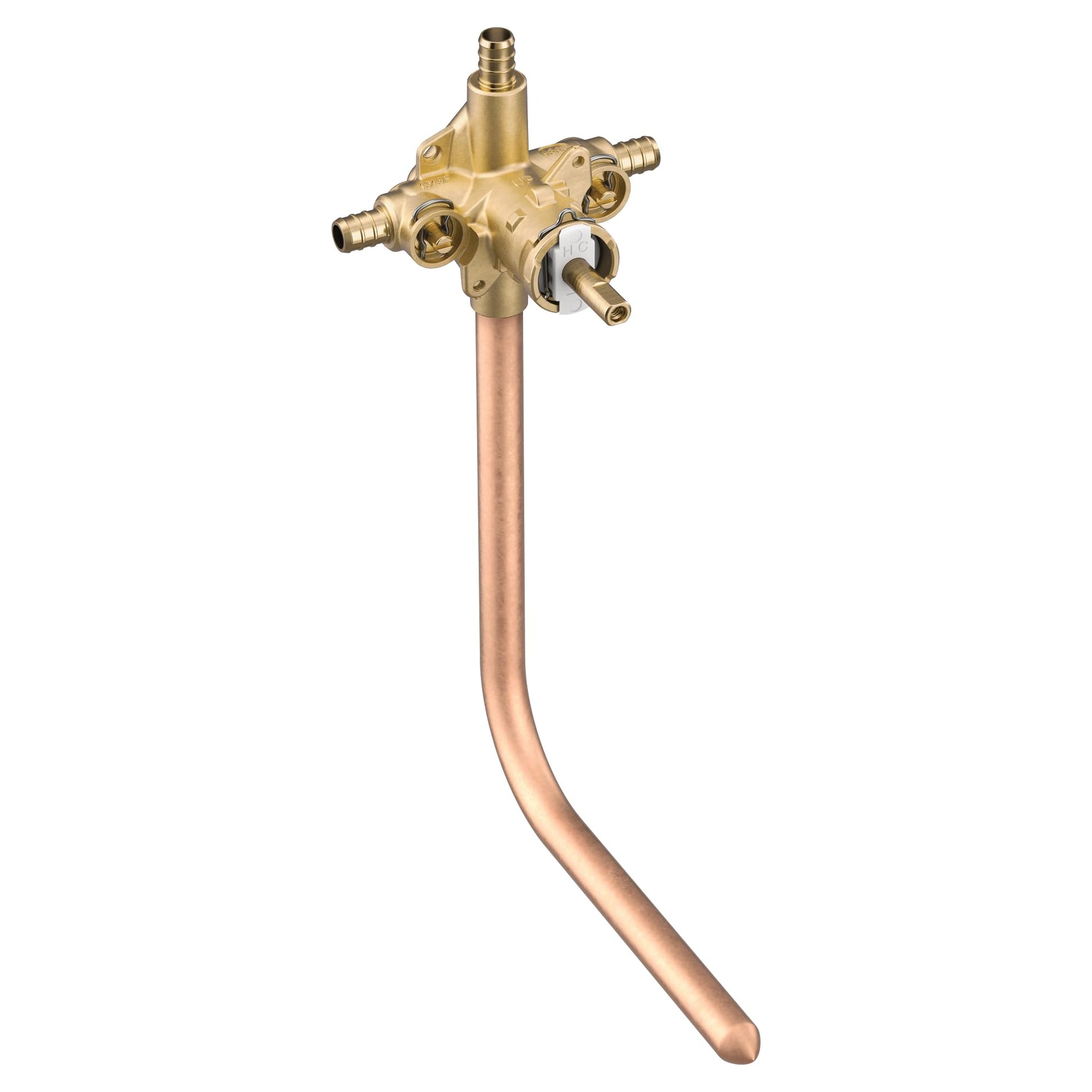 Brass pressure balancing valve with copper inlet tube and multiple PEX connection ports.