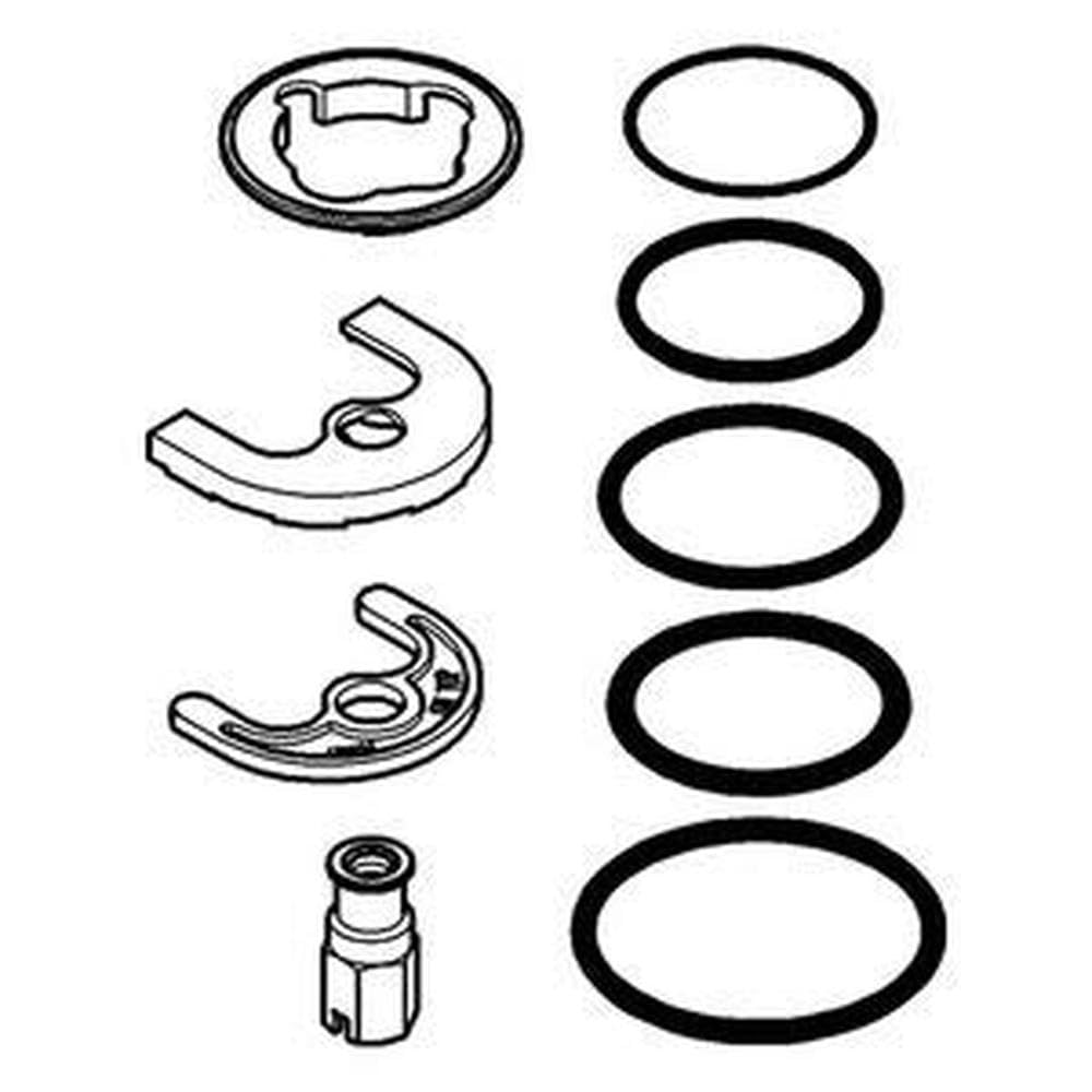 Grohe shank mounting kit components including metal brackets, rubber seals, and fasteners in chrome finish.