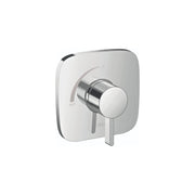 Chrome pressure balance valve trim with rounded square escutcheon plate, single lever handle, and temperature indicator marki