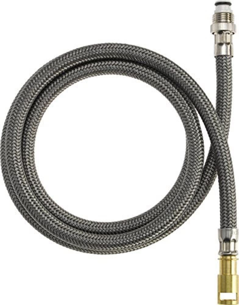 Chrome finish braided hose assembly with metal connector and brass fitting.