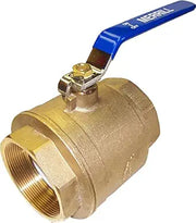 Bronze ball valve with blue lever handle and threaded female connections on both ends.