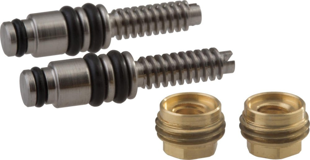 Two metal stem assemblies with black O-rings and two brass nuts.
