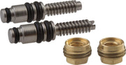 Two metal stem assemblies with black O-rings and two brass nuts.