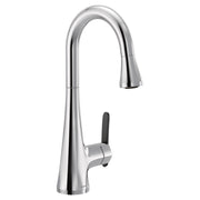 Chrome kitchen faucet with high arc spout, pulldown spray head, and single black handle.