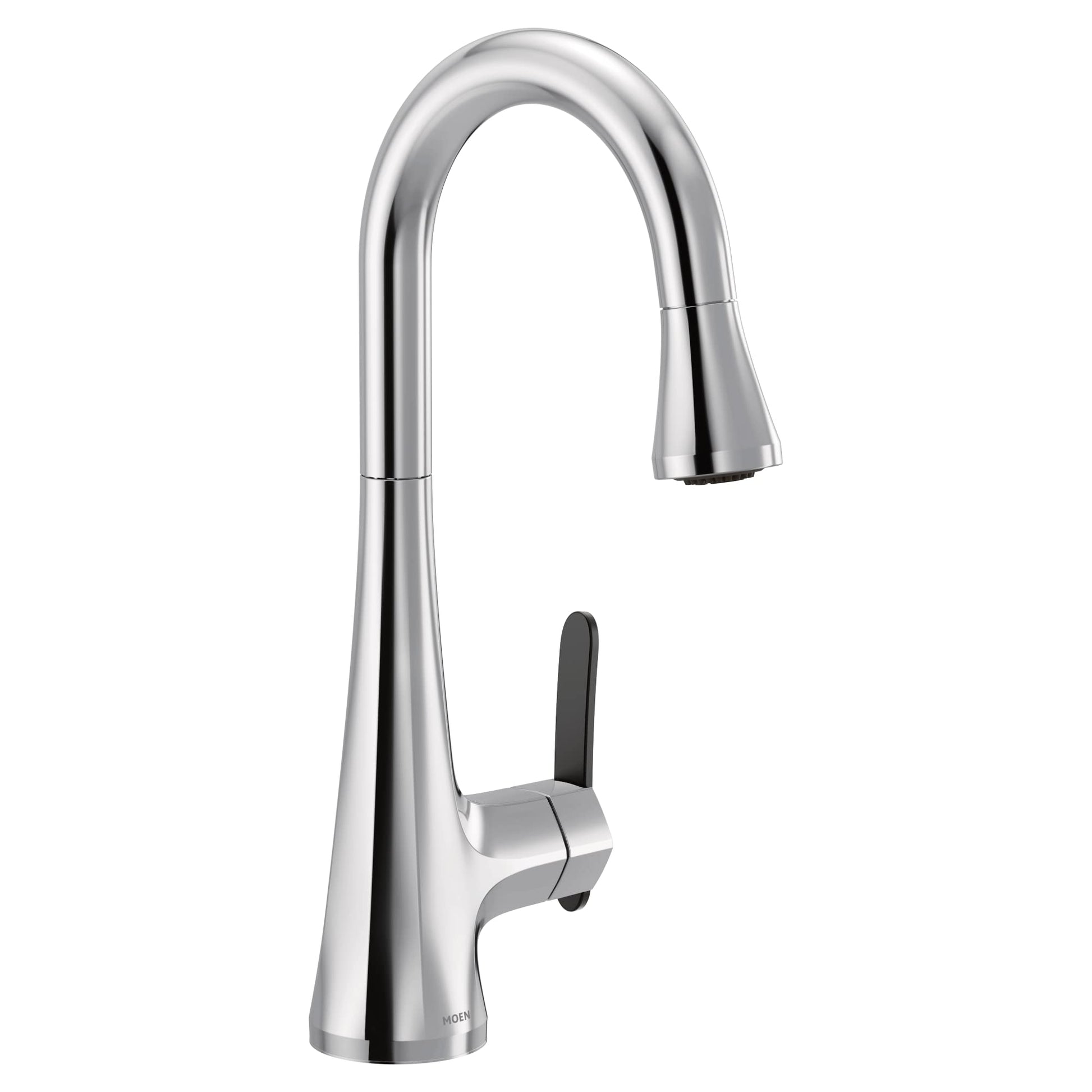 Chrome kitchen faucet with high arc spout, pulldown spray head, and single black handle.