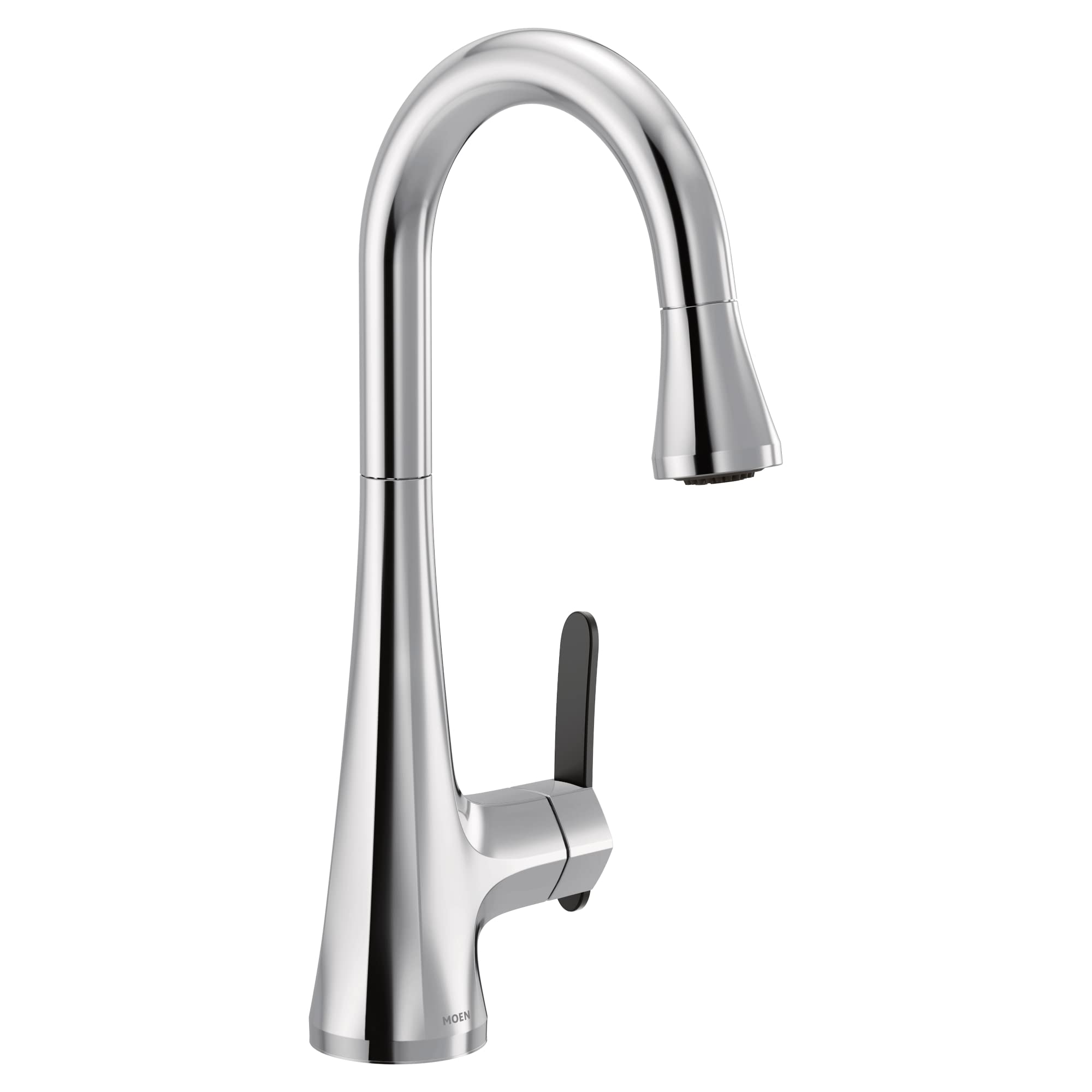 Chrome kitchen faucet with high arc spout, pulldown spray head, and single black handle.