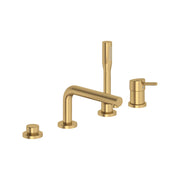 Brushed gold four-piece Roman tub faucet set with single handle, vertical hand shower, and deck-mounted spout.