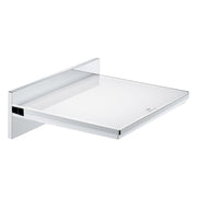 Chrome waterfall tub spout with rectangular outlet and wall-mounted bracket.