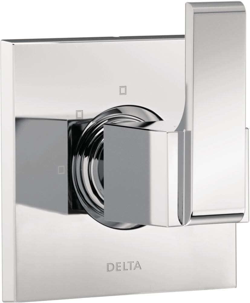 Chrome and stainless steel Delta Ara diverter trim with square handle and three setting dial control for shower diversion.
