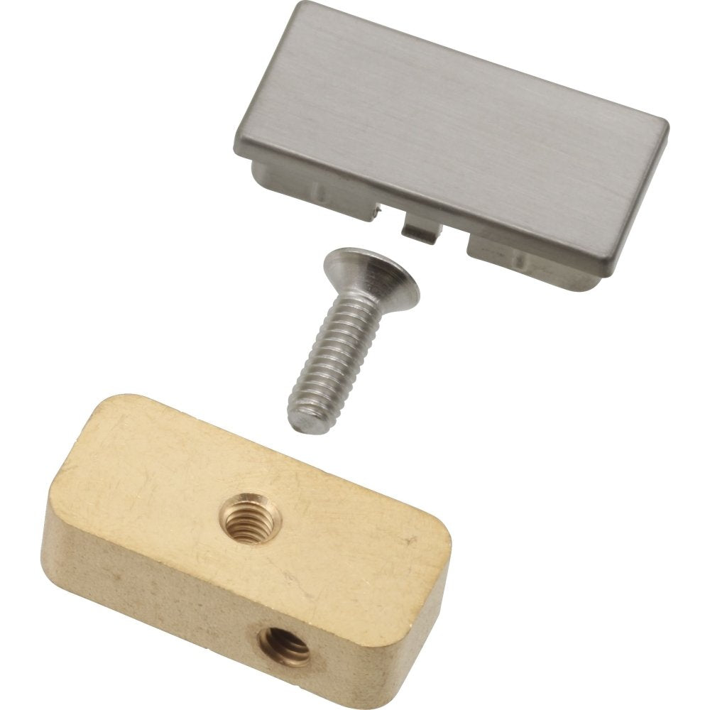 Stainless steel end cap with mounting screw and brass elbow connector displayed separately.