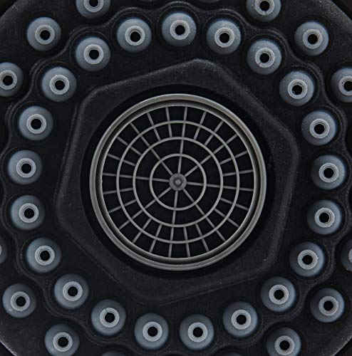Black pull-out spray head with circular grid pattern and metal accents, viewed from above.