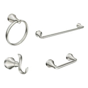 Four brushed nickel bathroom accessories: towel ring, towel bar, robe hook, and toilet paper holder.