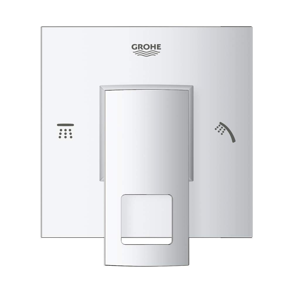 Chrome 2-way diverter trim with square center plate and side icons for showerhead and hand spray functions.