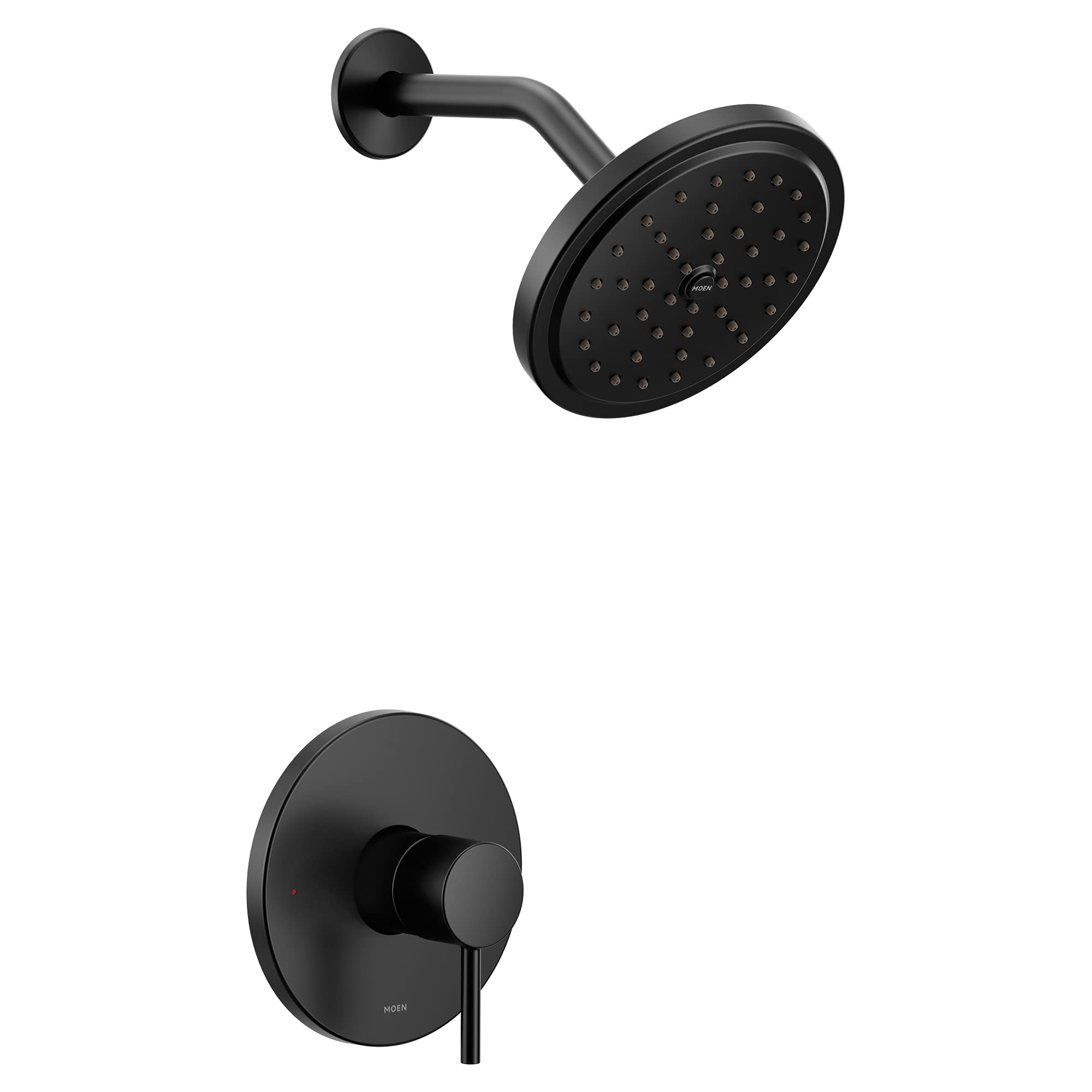 Matte black shower trim kit with single-handle control valve and round showerhead with multiple spray jets.