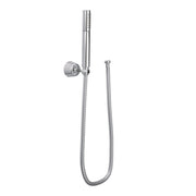 Chrome handheld shower head with wall mount bracket and flexible hose connector.