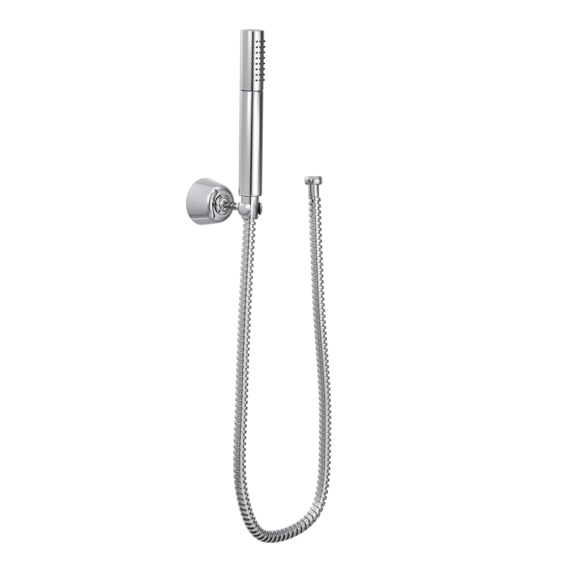 Chrome handheld shower head with wall mount bracket and flexible hose connector.