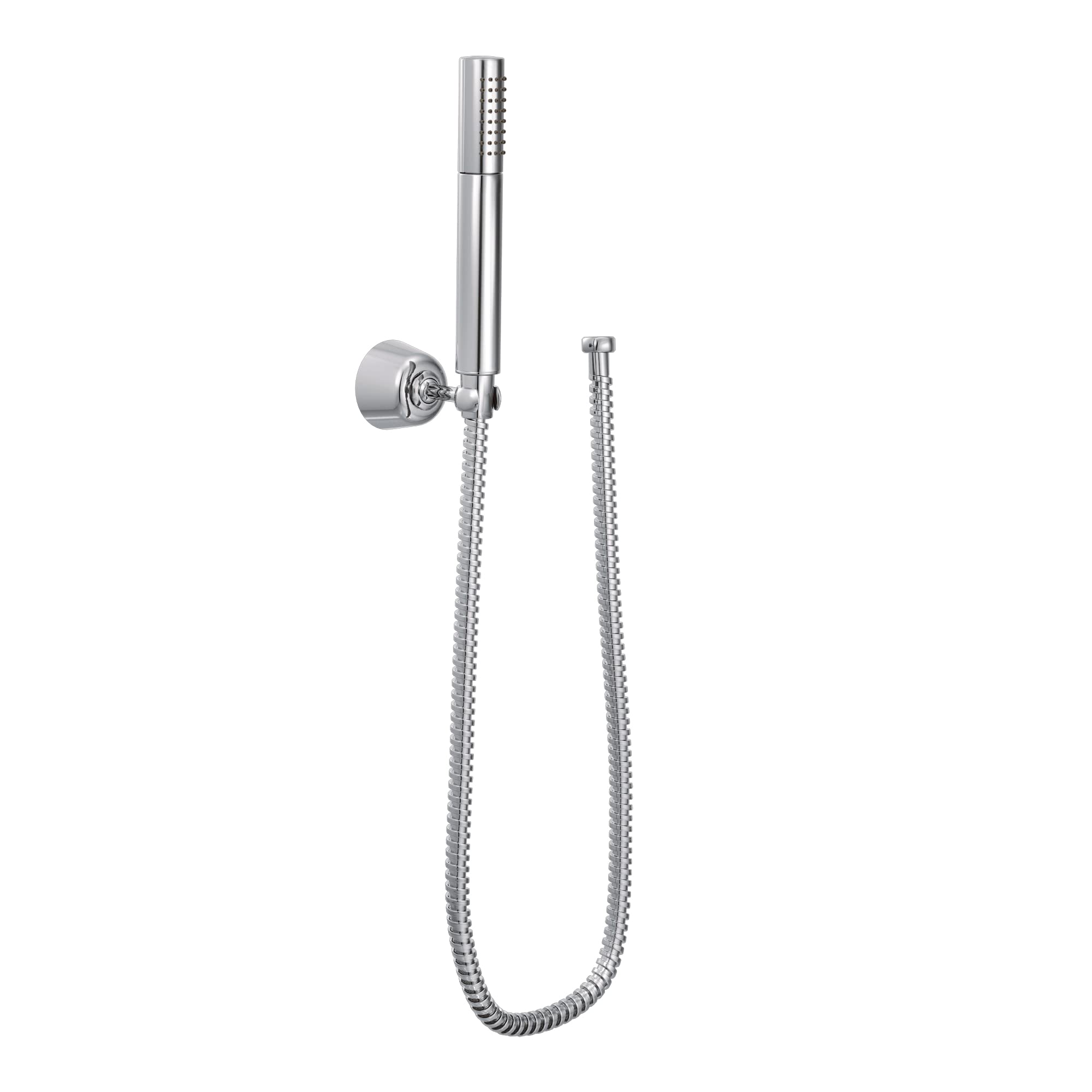 Chrome handheld shower head with wall mount bracket and flexible hose connector.
