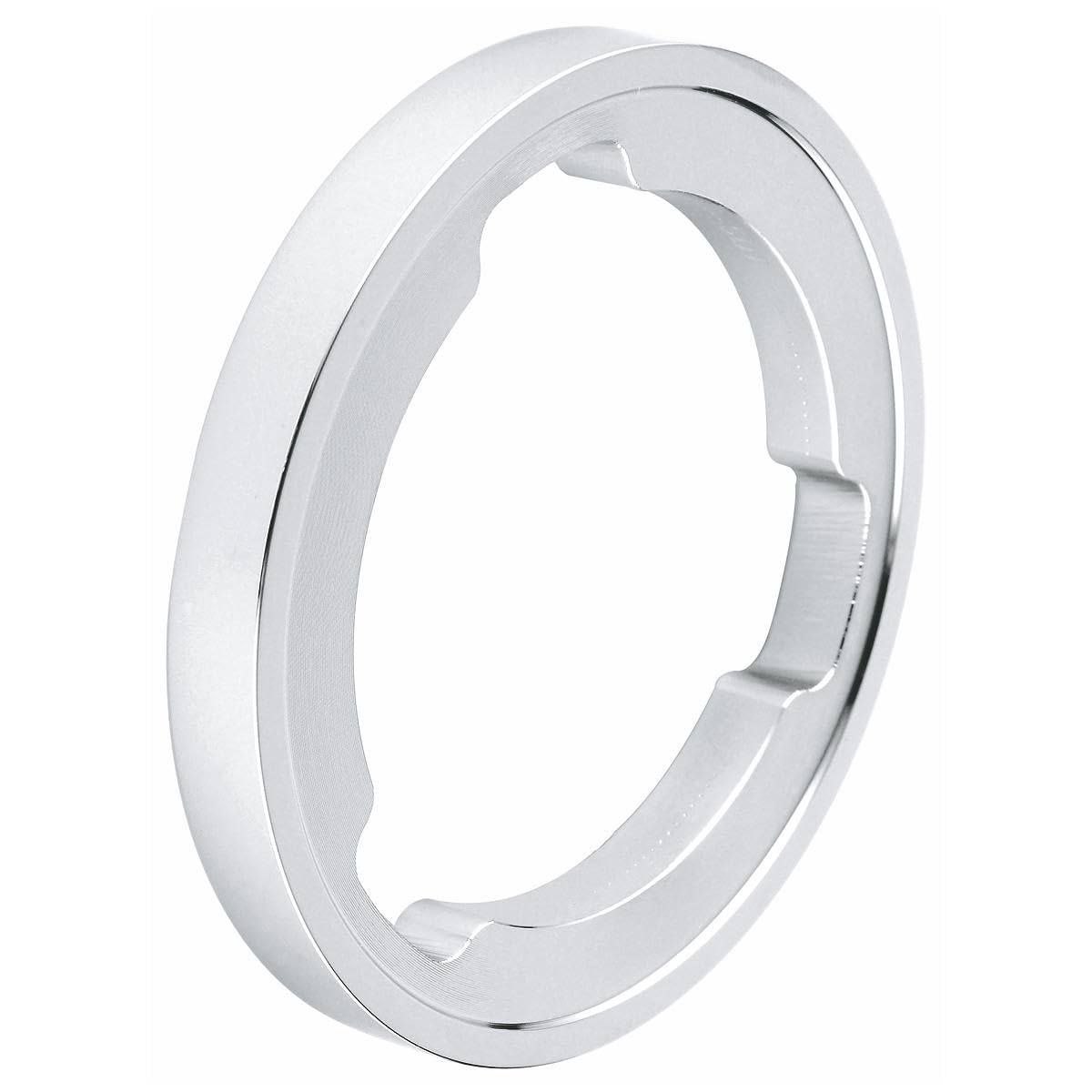 Chrome circular spacer ring with raised outer edge and inner mounting tabs.