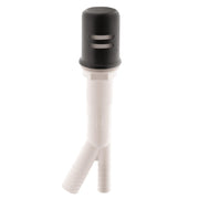 Matte black air gap with escutcheon and white plastic tube base with dual outlet connections.