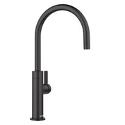 Matte black beverage faucet with curved gooseneck spout and single lever handle on cylindrical base.