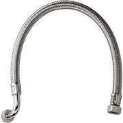 Chrome flexible hose with braided mesh exterior and angled connectors on both ends.