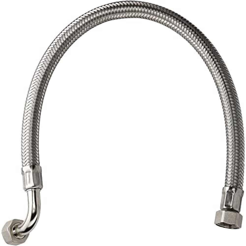 Chrome flexible hose with braided mesh exterior and angled connectors on both ends.