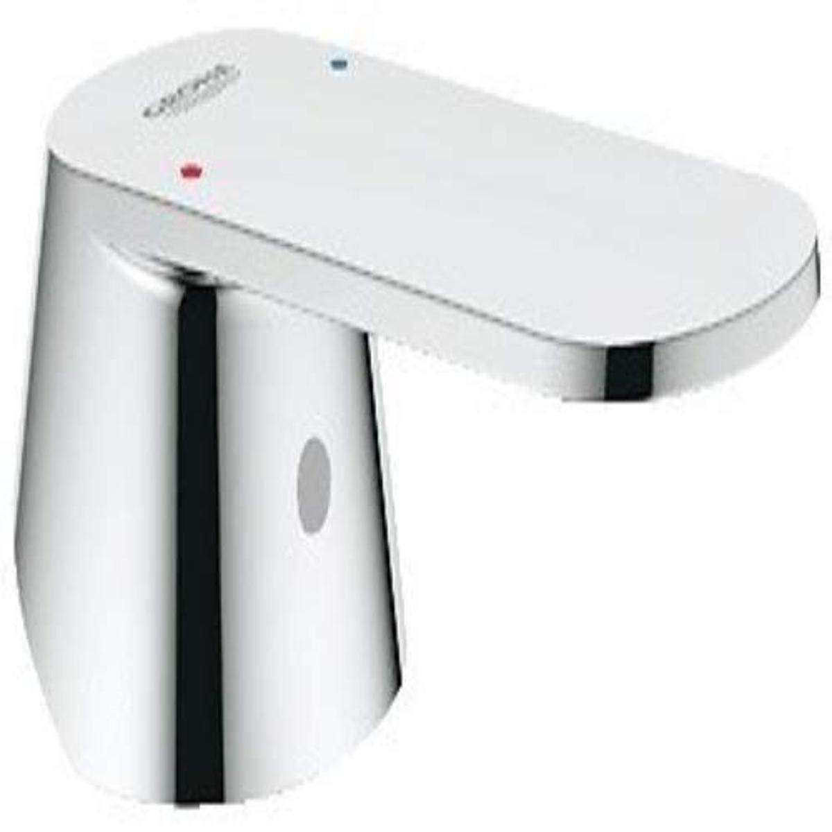 Grohe chrome electronic faucet lever with white cap and sensor opening.