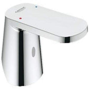 Grohe chrome electronic faucet lever with white cap and sensor opening.