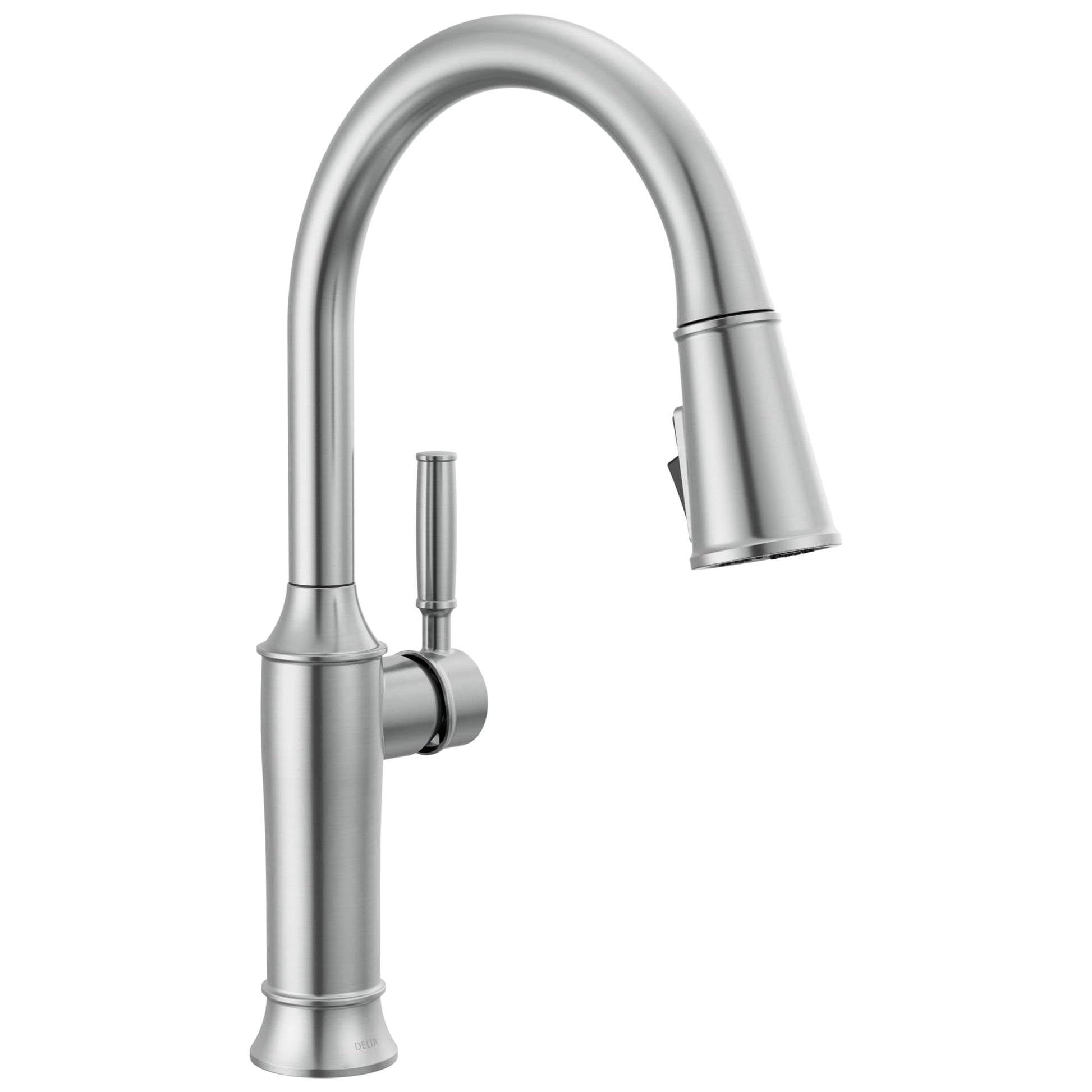 Stainless steel single-handle pull-down kitchen faucet with curved spout and spray head in extended position.