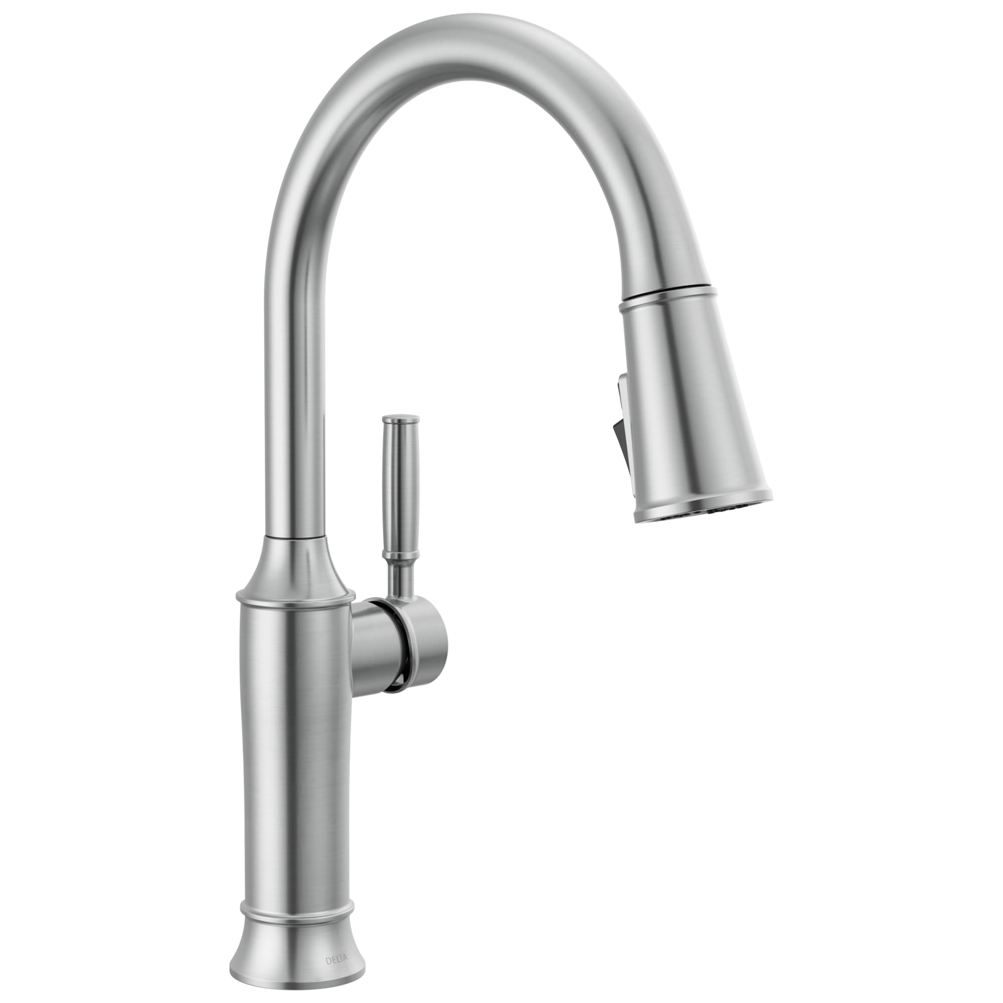 Stainless steel single-handle pull-down kitchen faucet with curved spout and spray head in extended position.