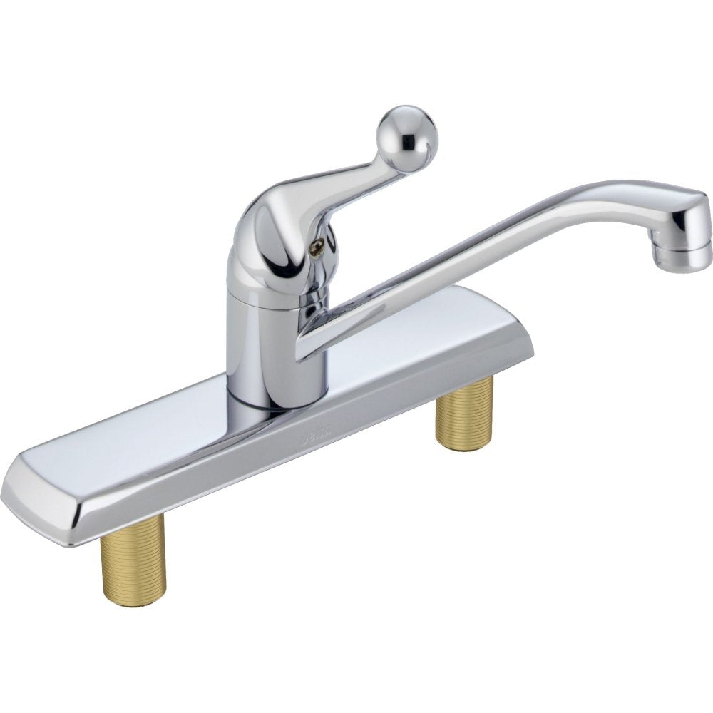 Chrome single-handle kitchen faucet with ball-joint lever and curved spout mounted on white deck plate with brass mounting po
