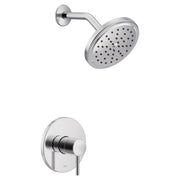 Chrome shower trim kit with single handle valve and round showerhead with multiple spray holes.